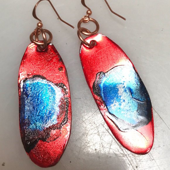 Blue Red Rustic Solid Copper Long Painted Earrings Handmade OOAK Bohemian Hippie - Picture 4 of 11